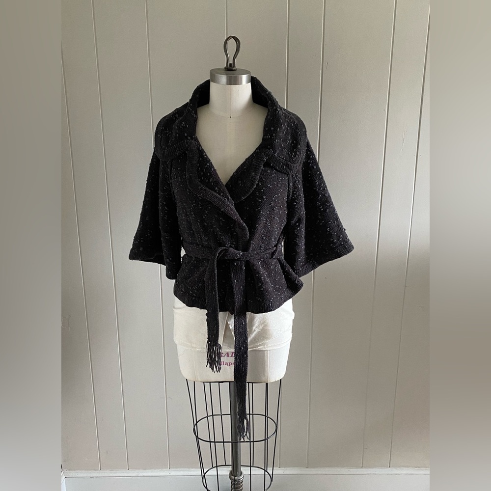 Super soft chenille tie waist cardigan with wide elbow sleeves and lapel.